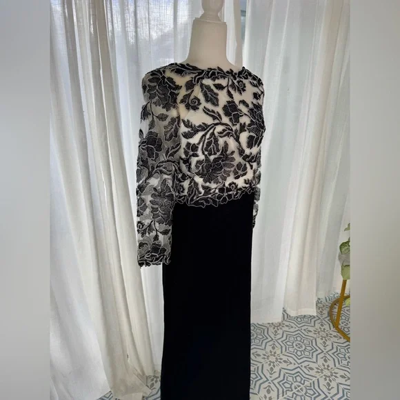 Tadashi Shoji Peony Embroidered Lace Top Black Ivory Gown Dress Size 16 - Picture 5 of 15